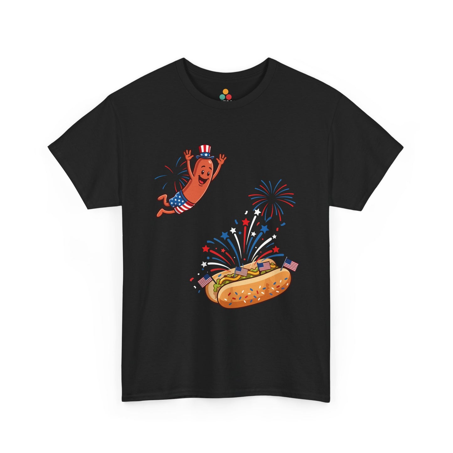 TEEZOCA T-shirt styled as a Glizzy T Shirt with a Hot Dog Meme Shirt scene, fireworks, and a jumping sausage character.
