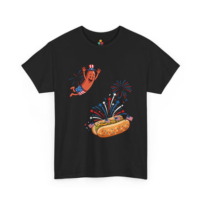 TEEZOCA T-shirt styled as a Glizzy T Shirt with a Hot Dog Meme Shirt scene, fireworks, and a jumping sausage character.
