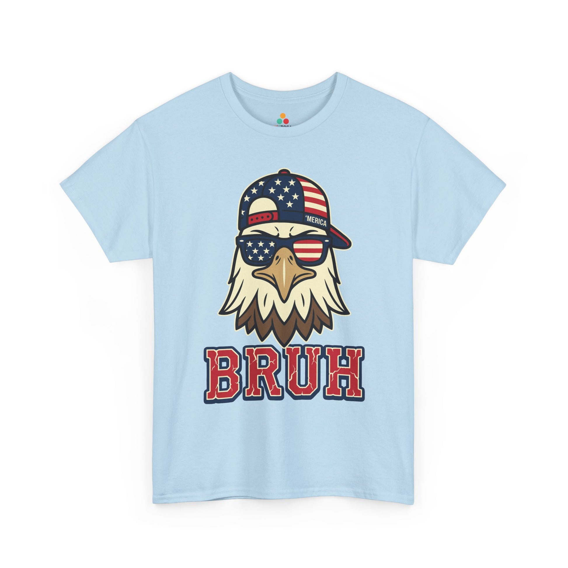 TEEZOCA T-shirt with a July 4th shirts for men design showing a bald eagle in American flag sunglasses and a sideways cap.
