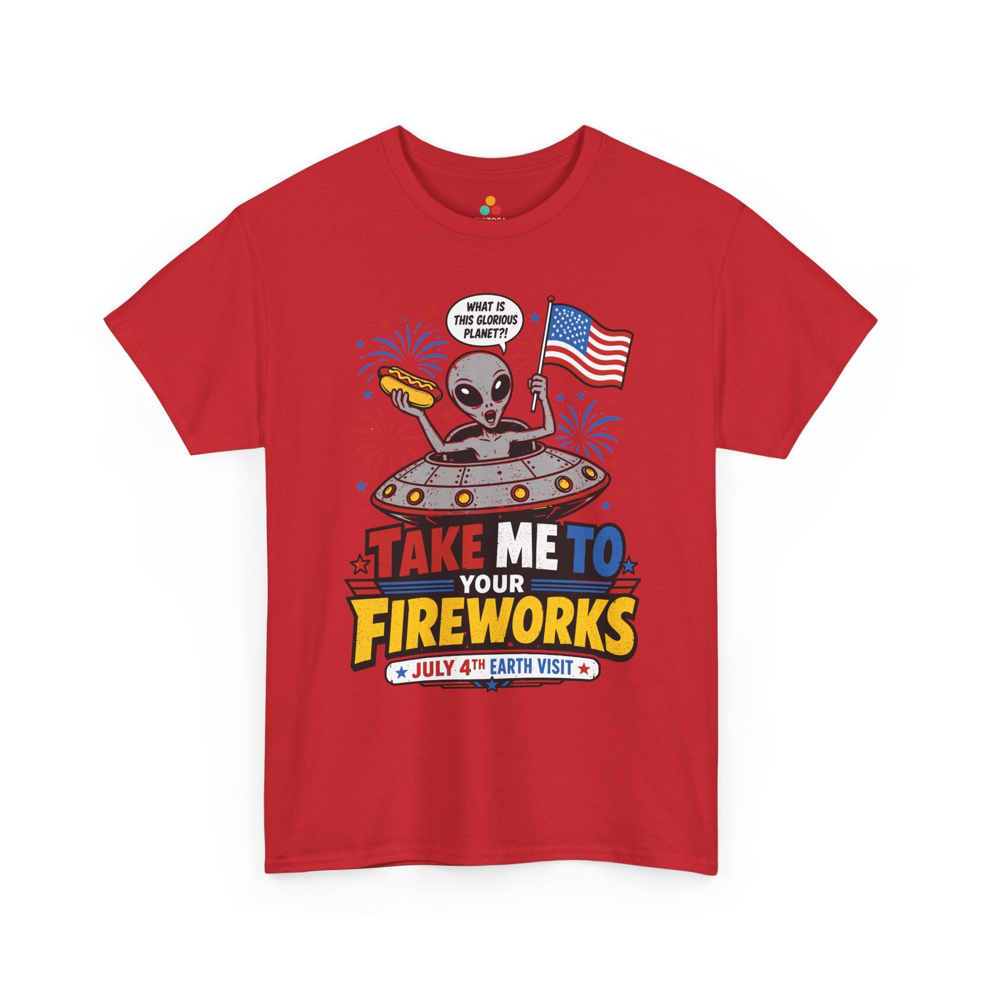 TEEZOCA T-shirt with a UFO fourth of July shirt design for alien fans, fireworks nights, and funny July 4 shirts.
