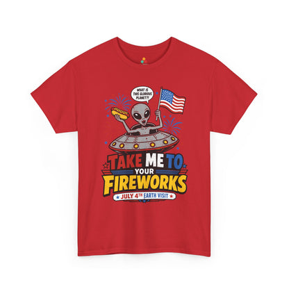 TEEZOCA T-shirt with a UFO fourth of July shirt design for alien fans, fireworks nights, and funny July 4 shirts.
