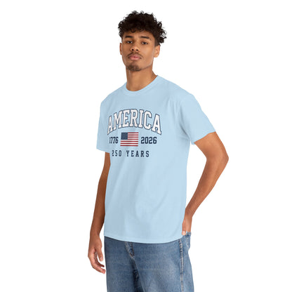 TEEZOCA T-shirt with an America 250 shirt design featuring arched America text, 1776, 2026, and a centered USA flag.
