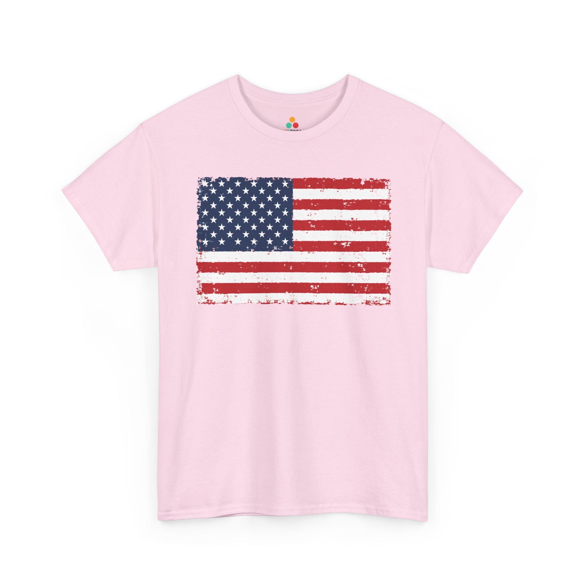 TEEZOCA T-shirt with an American flag T shirt design featuring distressed red, white, and blue stars and stripes.
