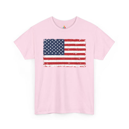 TEEZOCA T-shirt with an American flag T shirt design featuring distressed red, white, and blue stars and stripes.
