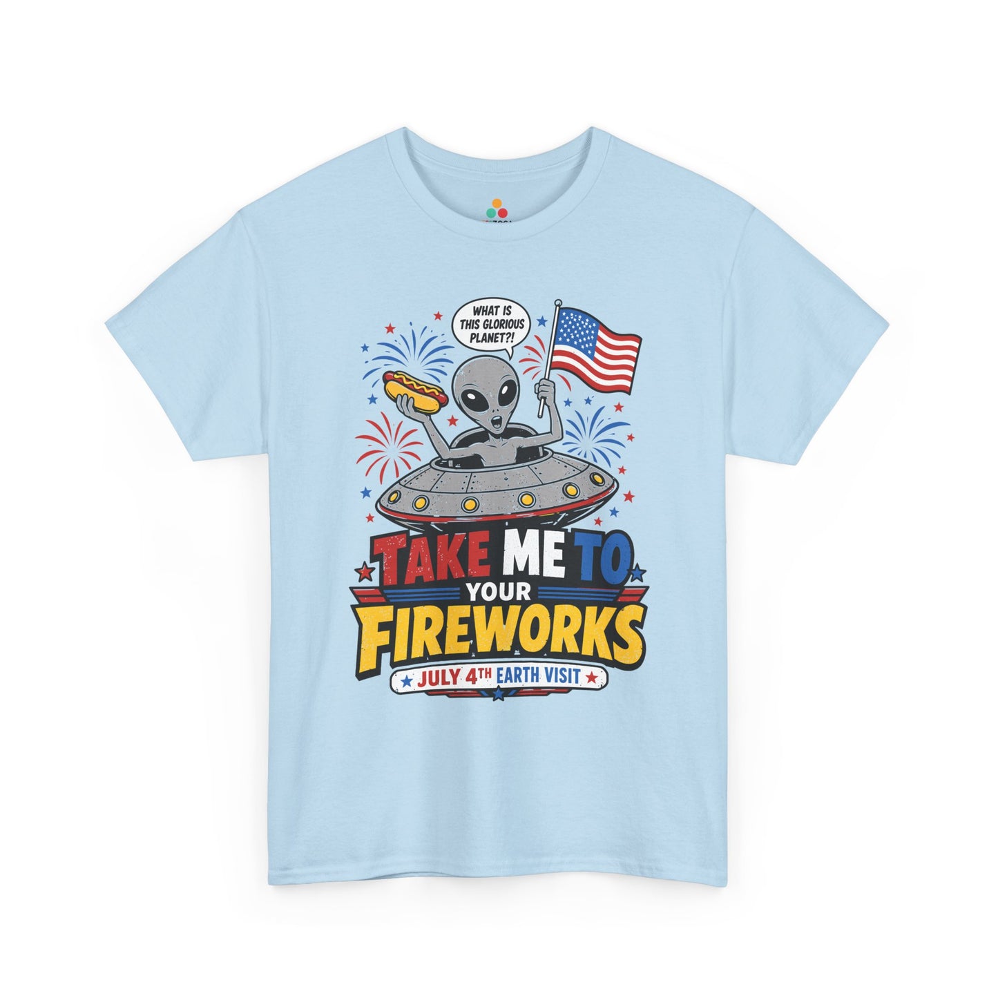 TEEZOCA T-shirt with an alien 4th of July shirt graphic showing a saucer, American flag, hot dog, and red blue fireworks.
