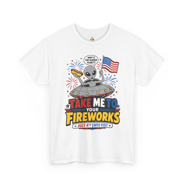TEEZOCA T-shirt with an alien shirt design featuring a UFO hot dog American flag fireworks and Take Me To Your Fireworks text