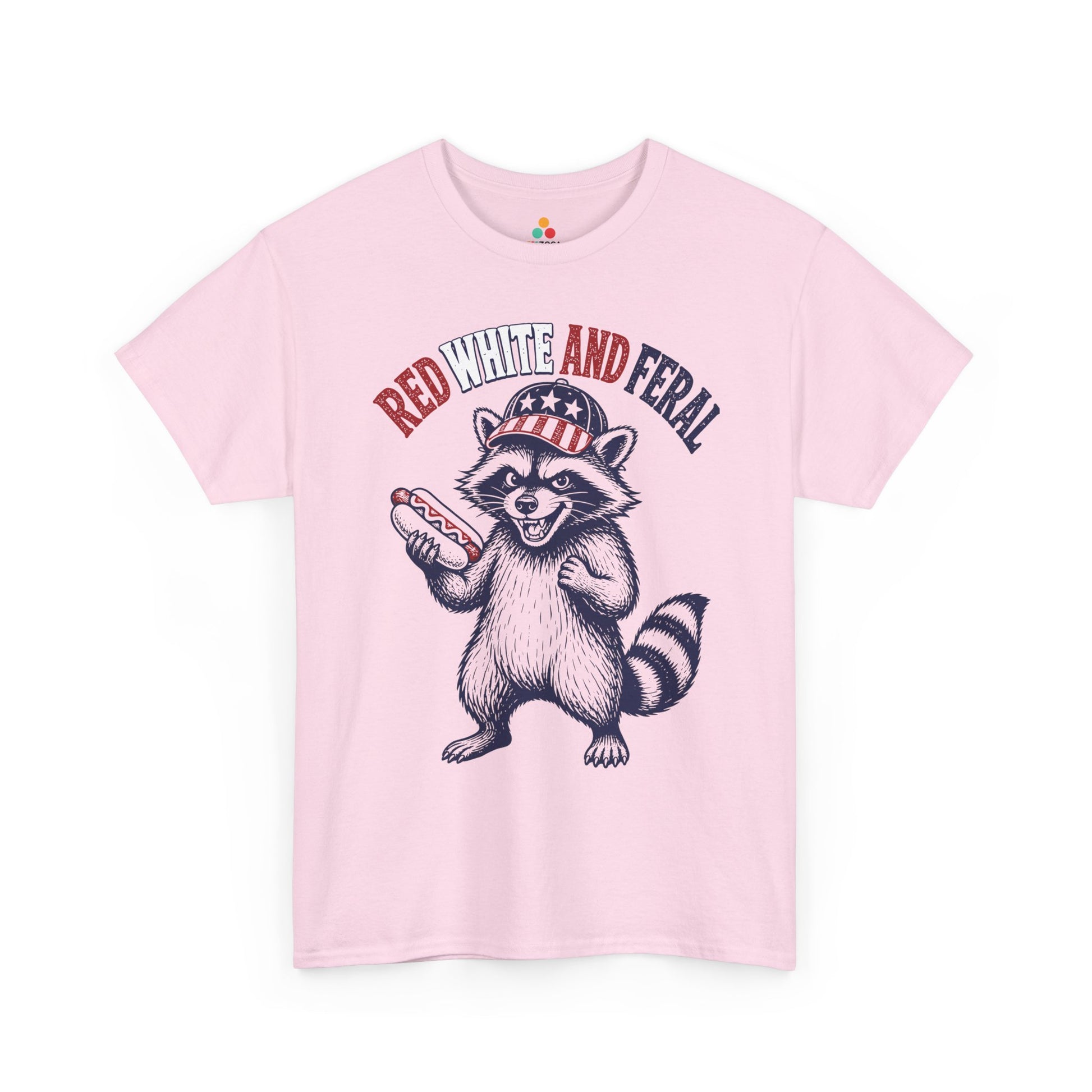 TEEZOCA Trash Panda Shirt t-shirt design with a raccoon, striped flag cap, hot dog, and bold summer humor.
