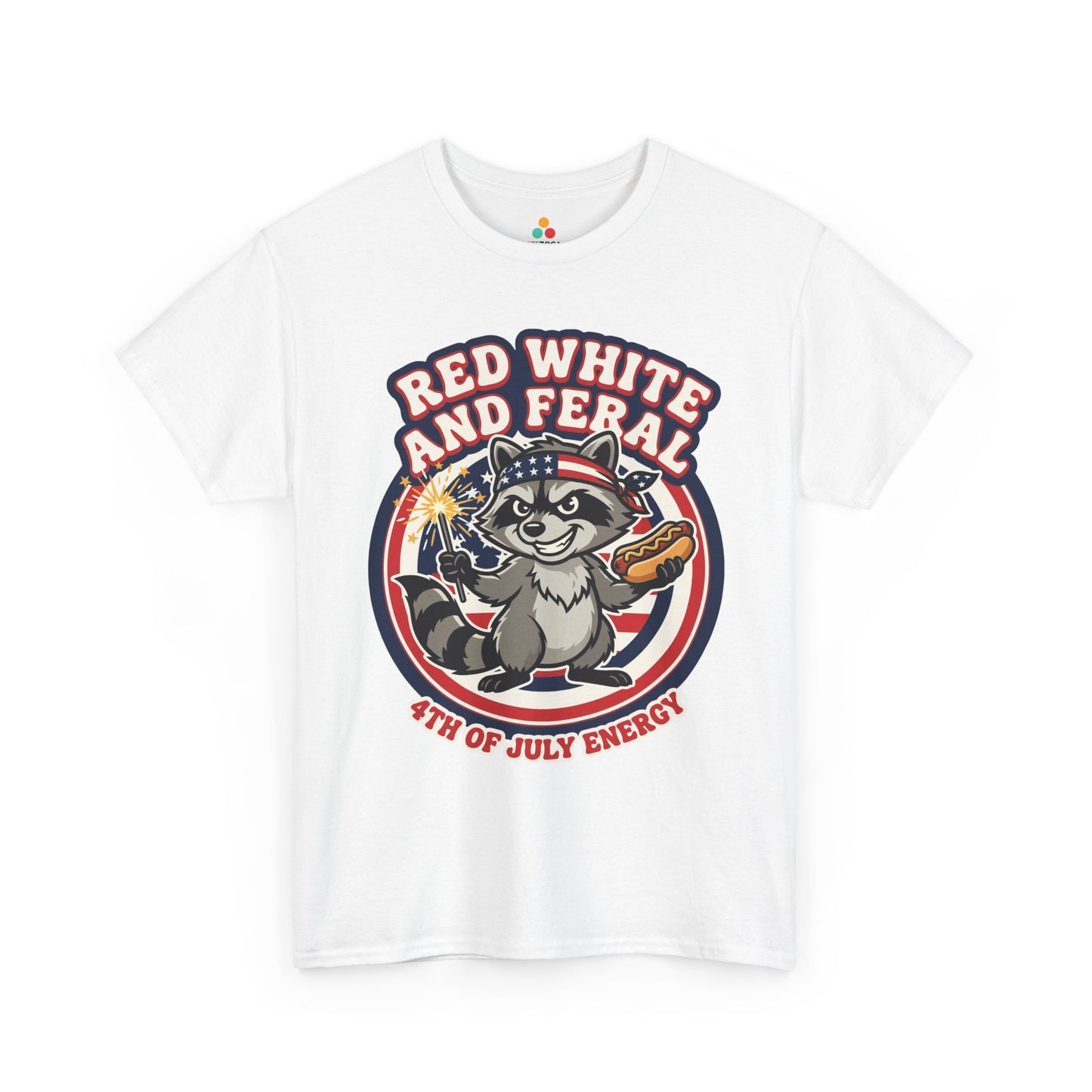 TEEZOCA Trash Panda Shirt t-shirt with a smiling raccoon in a flag bandana holding a sparkler and hot dog.
