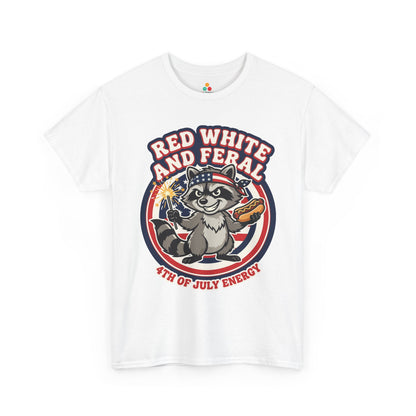 TEEZOCA Trash Panda Shirt t-shirt with a smiling raccoon in a flag bandana holding a sparkler and hot dog.
