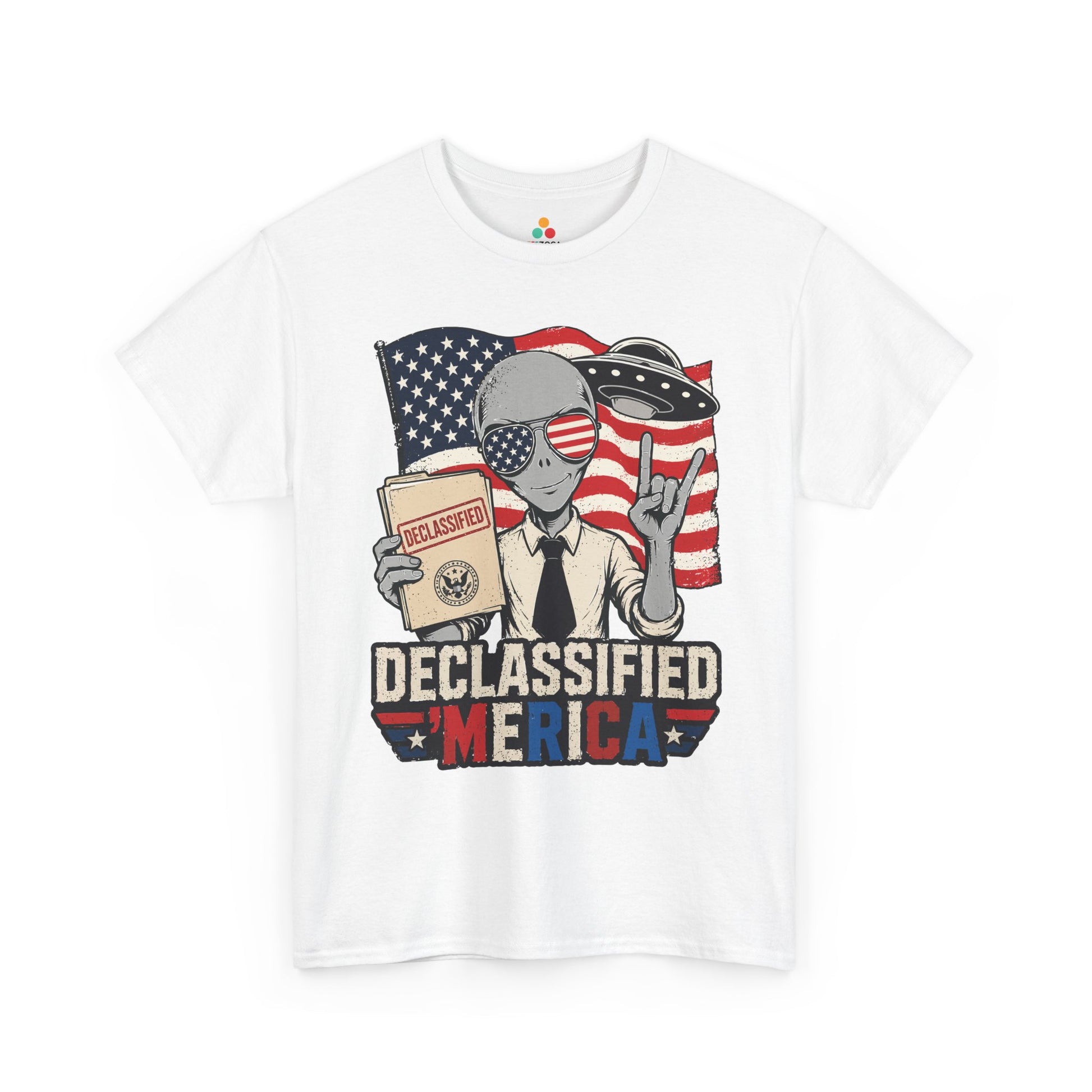 TEEZOCA UFO T-shirt design with a patriotic alien, hovering saucer, Declassified folder, and bold Merica artwork.
