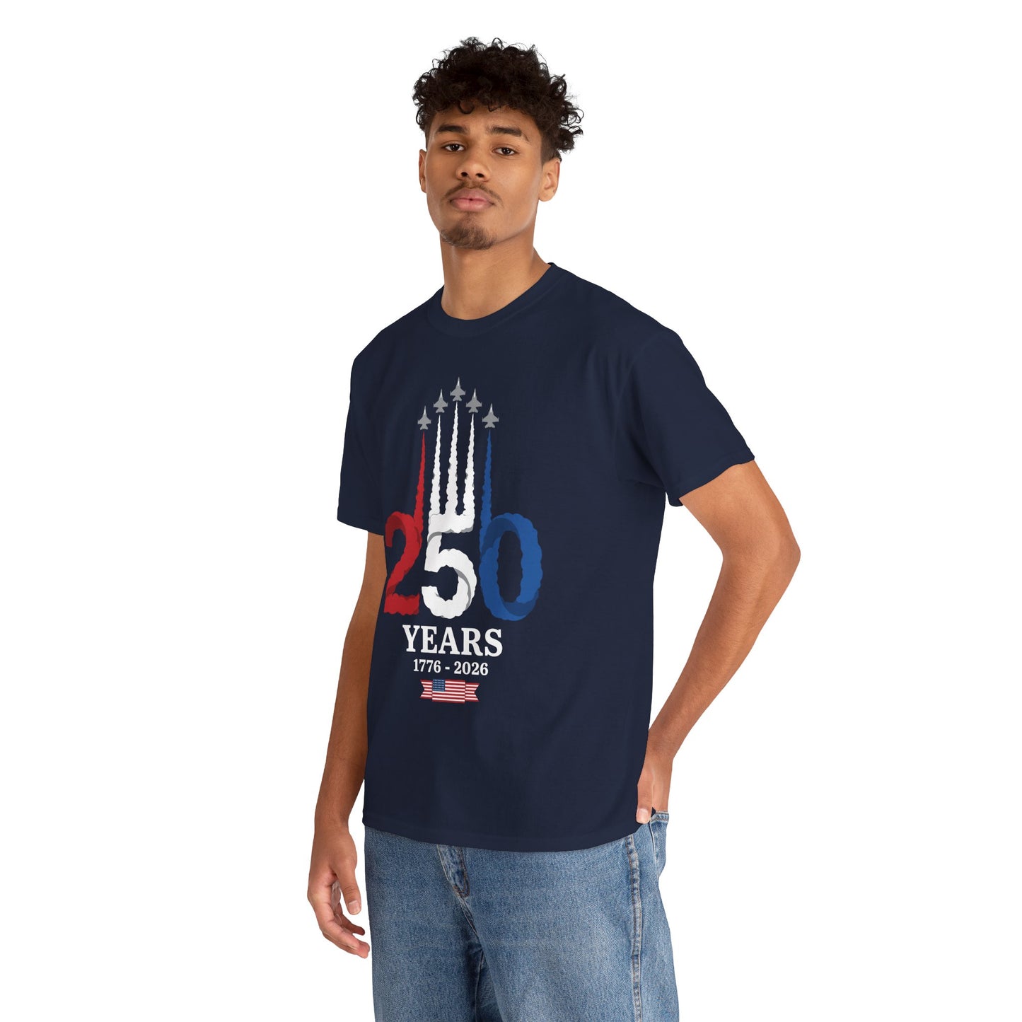 TEEZOCA USA 250 Shirt T-shirt featuring fighter jets flying above red, white, and blue smoke forming the number 250.
