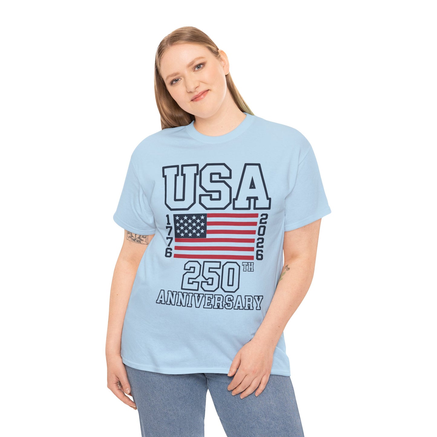 TEEZOCA USA 250th Anniversary Shirt t-shirt featuring a collegiate flag layout for 4th of July Shirts and America 250 events.
