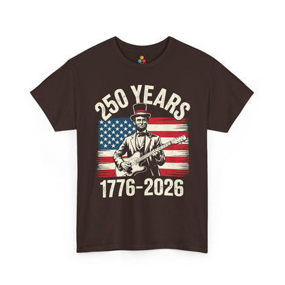 TEEZOCA USA 250th Anniversary Shirt t-shirt with Abraham Lincoln, guitar artwork, and a rugged patriotic poster style.
