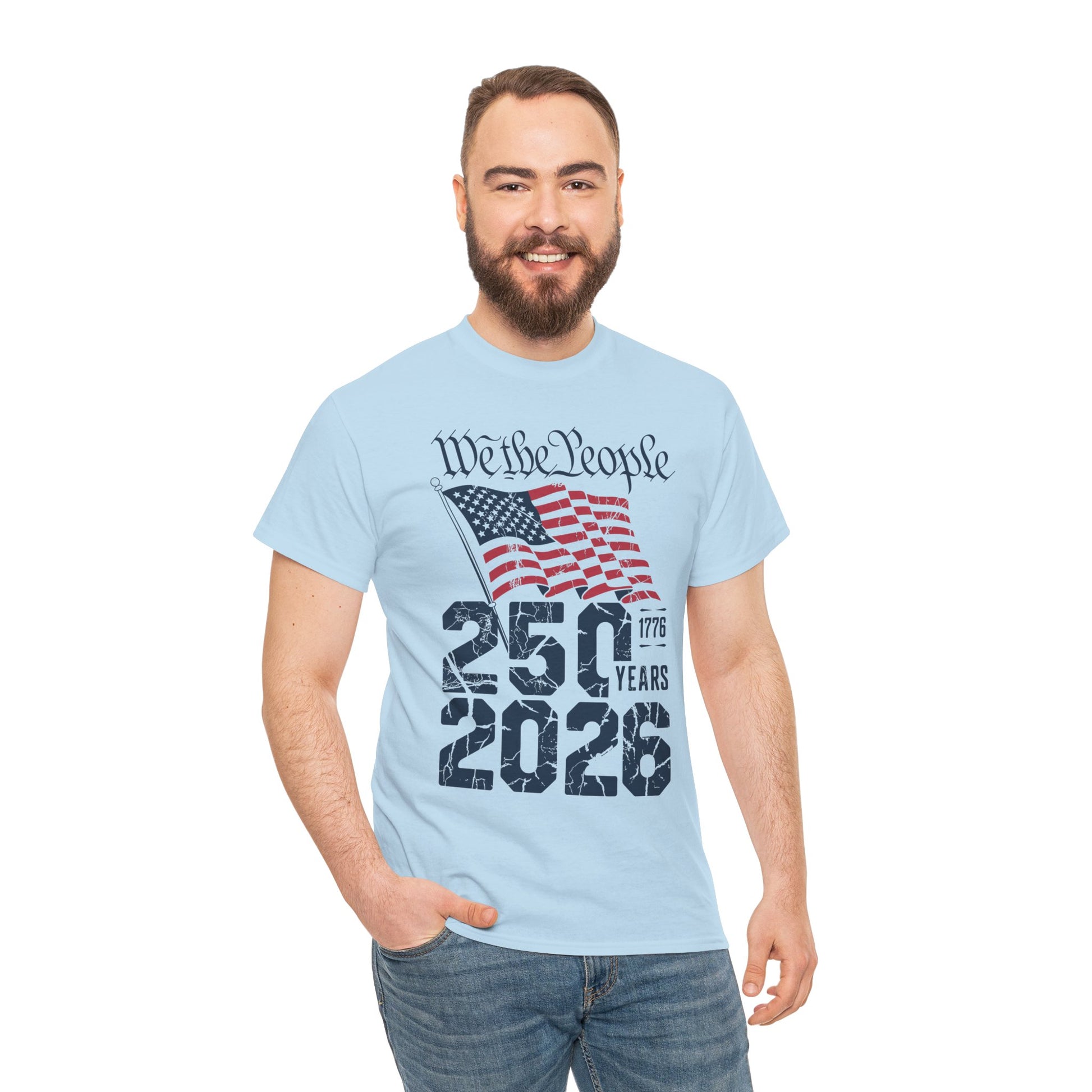 TEEZOCA USA 250th Anniversary Shirt t-shirt with We the People script, distressed American flag, cracked 250, 1776, and 2026 artwork.
