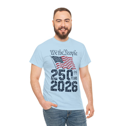 TEEZOCA USA 250th Anniversary Shirt t-shirt with We the People script, distressed American flag, cracked 250, 1776, and 2026 artwork.
