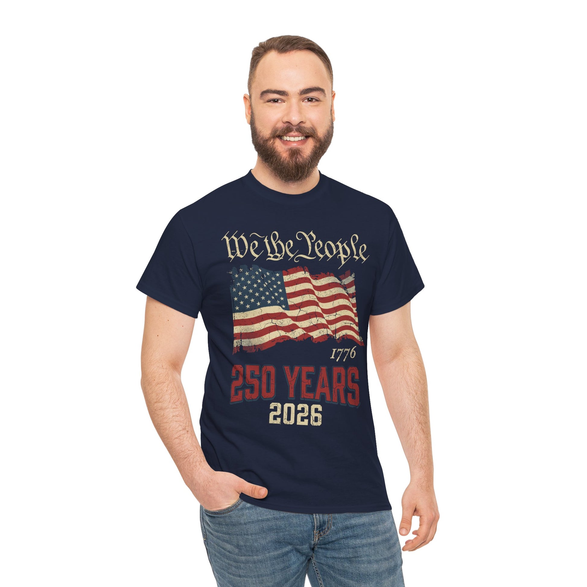 TEEZOCA USA 250th Anniversary t-shirt with We The People, 1776, 2026, and a distressed American flag.
