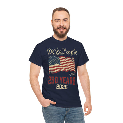 TEEZOCA USA 250th Anniversary t-shirt with We The People, 1776, 2026, and a distressed American flag.
