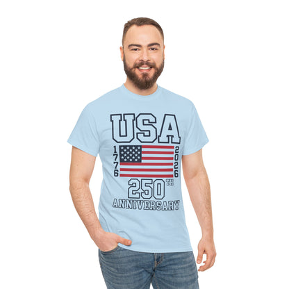 TEEZOCA USA 250th Anniversary t-shirt with bold USA lettering, an American flag, 1776 and 2026 dates, and 250th Anniversary text.
