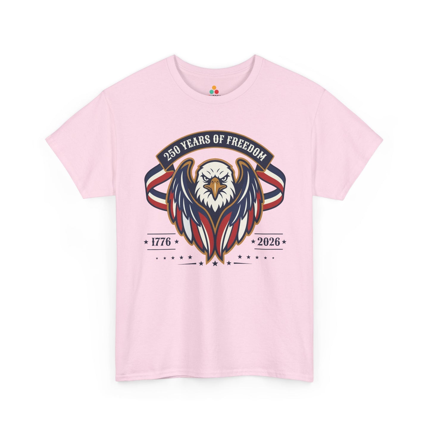 TEEZOCA USA Freedom Shirt t-shirt with a 250th Anniversary Shirt message, navy wings, cream lettering, and star row details.
