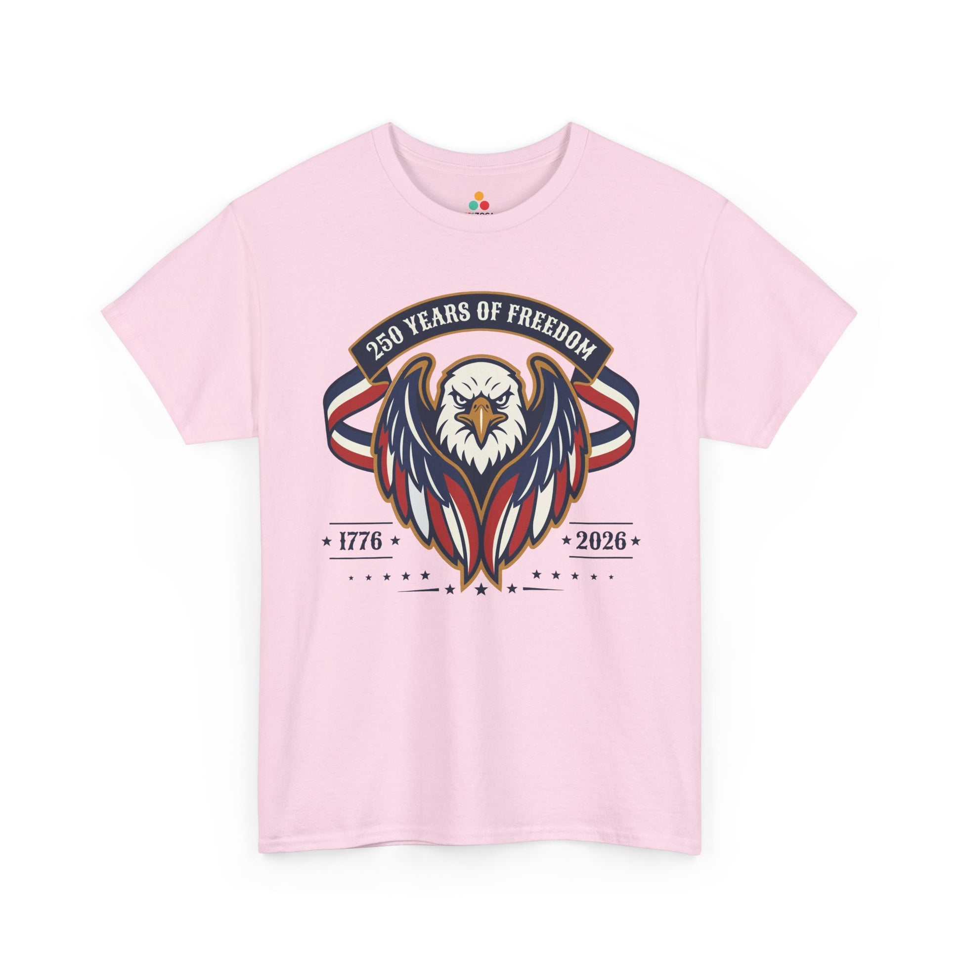 TEEZOCA USA Freedom Shirt t-shirt with a 250th Anniversary Shirt message, navy wings, cream lettering, and star row details.
