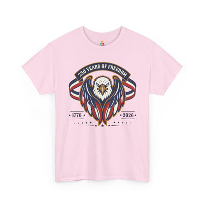 TEEZOCA USA Freedom Shirt t-shirt with a 250th Anniversary Shirt message, navy wings, cream lettering, and star row details.
