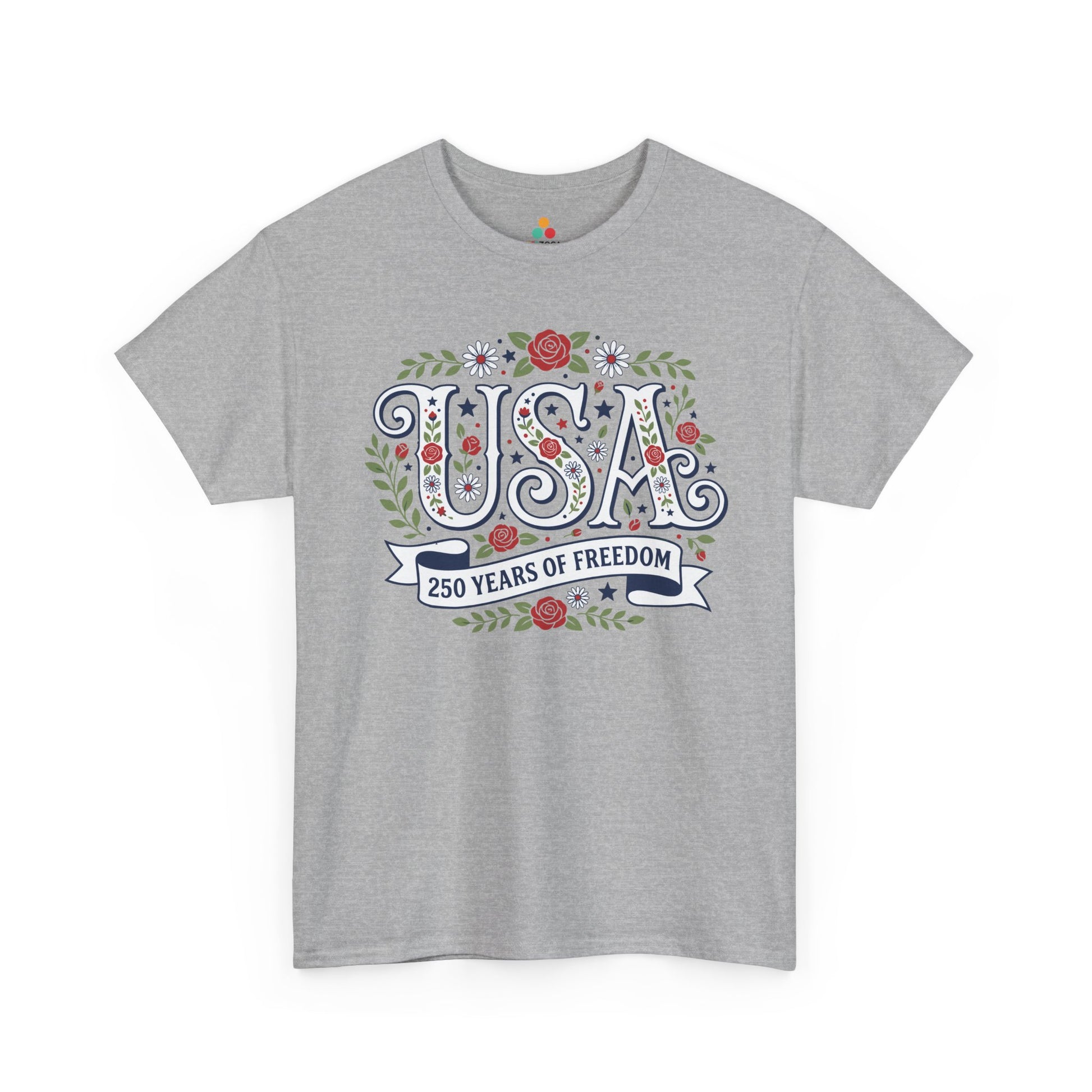 TEEZOCA USA Shirt Women T-shirt featuring floral USA letters with roses, daisies, stars, and a 250 Years of Freedom ribbon.
