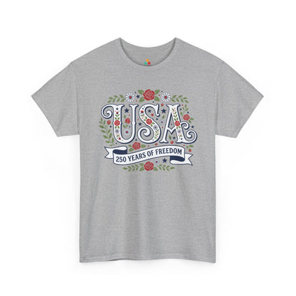 TEEZOCA USA Shirt Women T-shirt featuring floral USA letters with roses, daisies, stars, and a 250 Years of Freedom ribbon.
