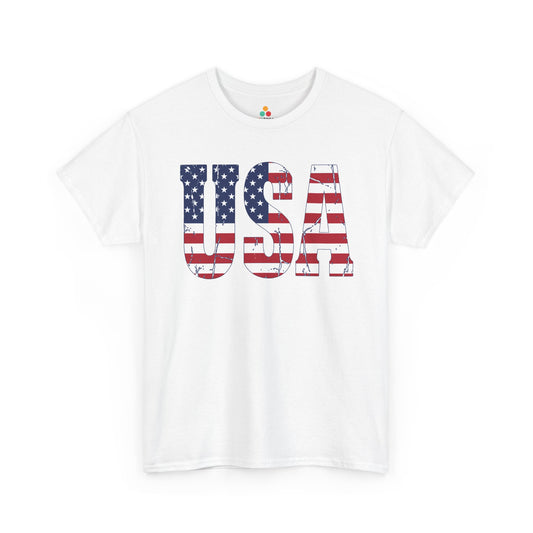 TEEZOCA USA T-shirt featuring distressed block letters filled with American flag stars and stripes.
