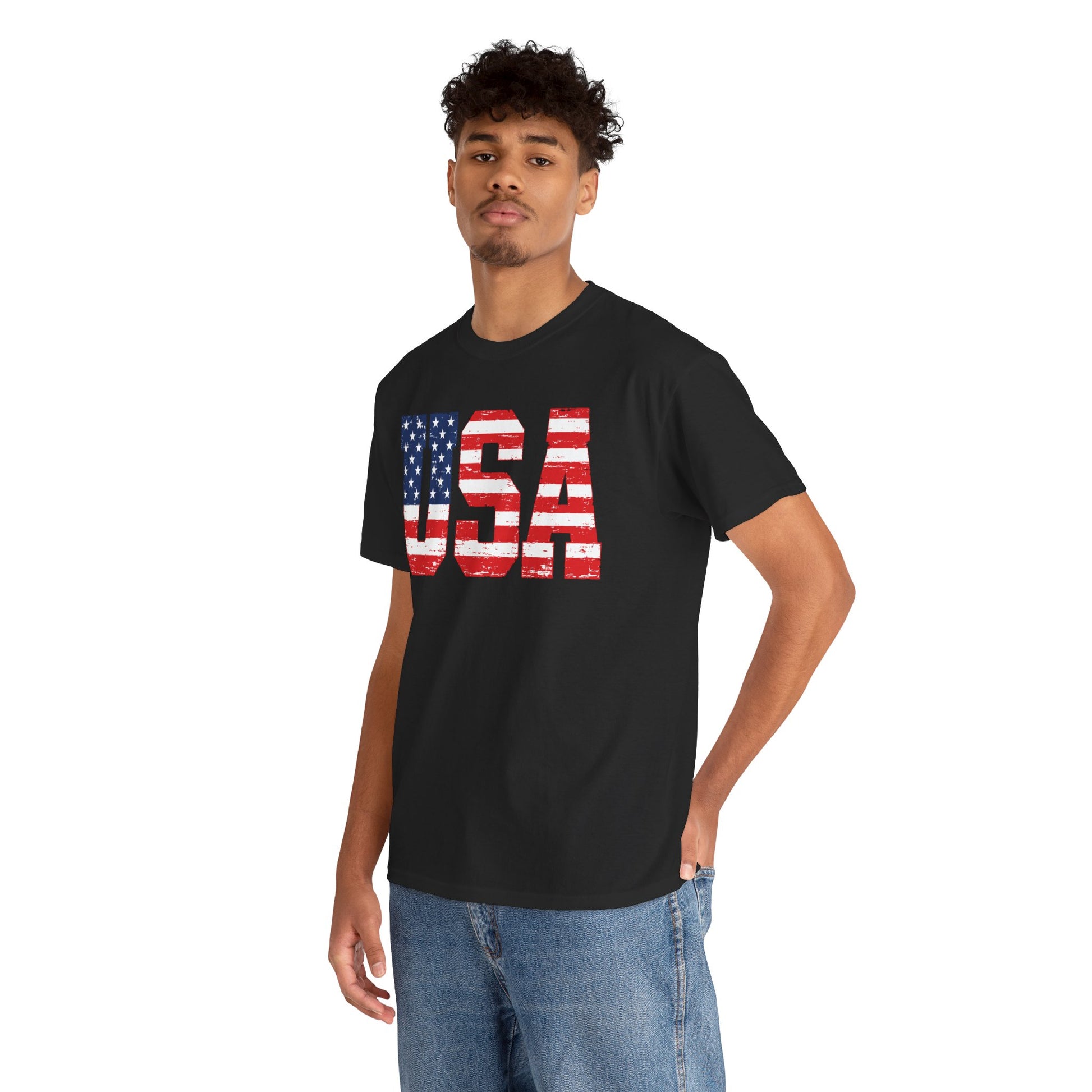 TEEZOCA USA shirt T-shirt showing large distressed red, white, and blue letters for Independence Day outfits.
