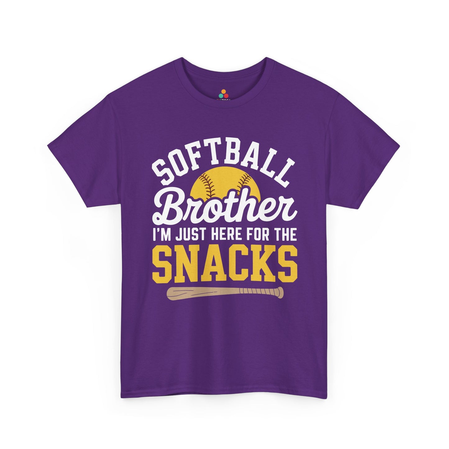 TEEZOCA Unisex T-shirt designed as a softball sibling shirt with I’m Just Here For The Snacks text.
