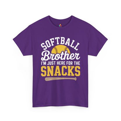 TEEZOCA Unisex T-shirt designed as a softball sibling shirt with I’m Just Here For The Snacks text.
