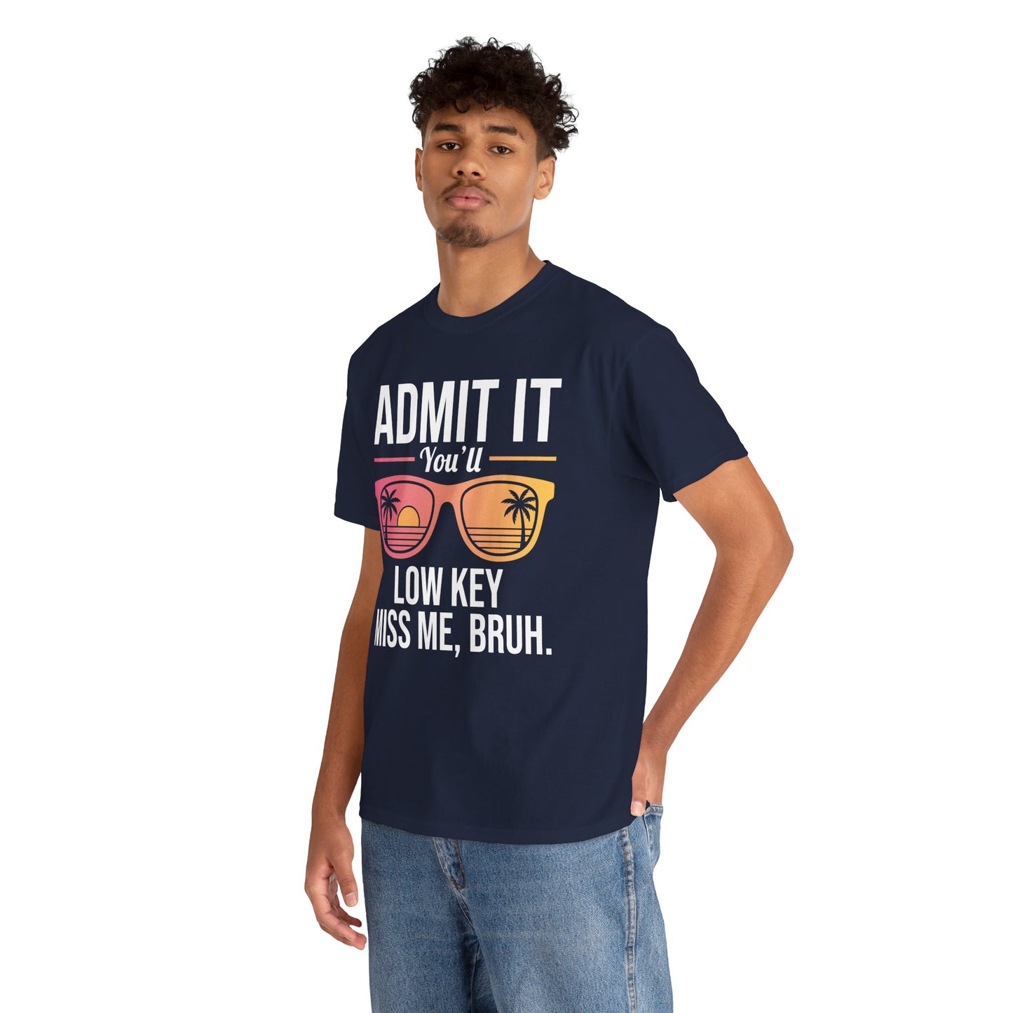 TEEZOCA Unisex T-shirt for going away gift for coworker with retro sunglasses, palm trees, ocean lines, and sunset colors.
