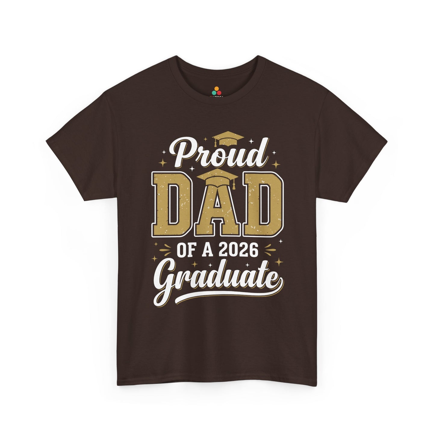 TEEZOCA Unisex T-shirt for proud dad of a graduate shirt shoppers, showing gold graduation lettering and celebratory star accents.
