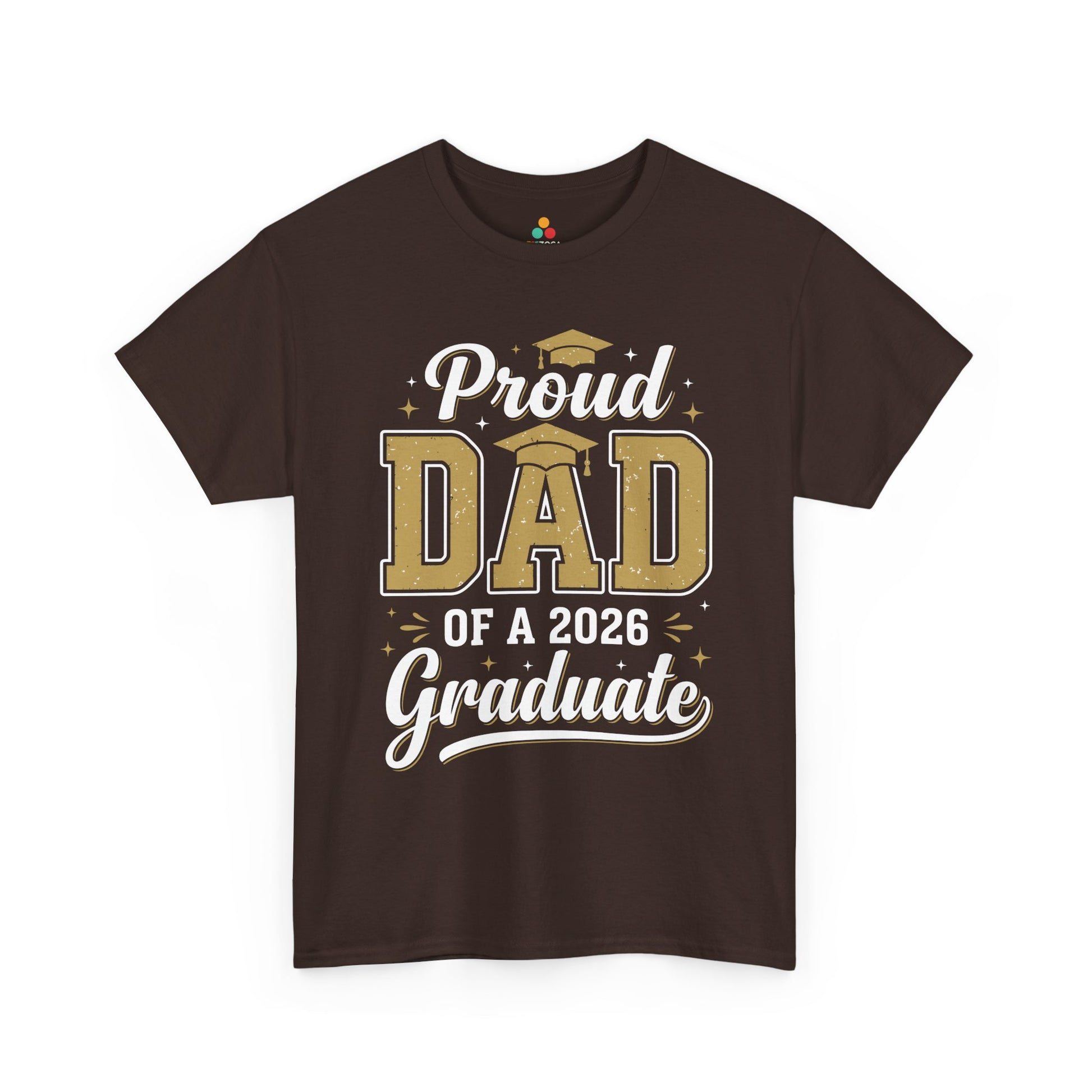 TEEZOCA Unisex T-shirt for proud dad of a graduate shirt shoppers, showing gold graduation lettering and celebratory star accents.
