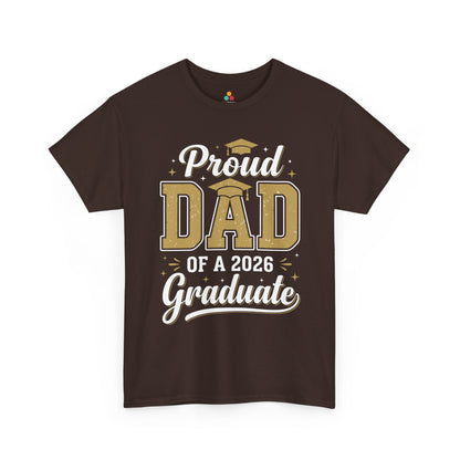TEEZOCA Unisex T-shirt for proud dad of a graduate shirt shoppers, showing gold graduation lettering and celebratory star accents.

