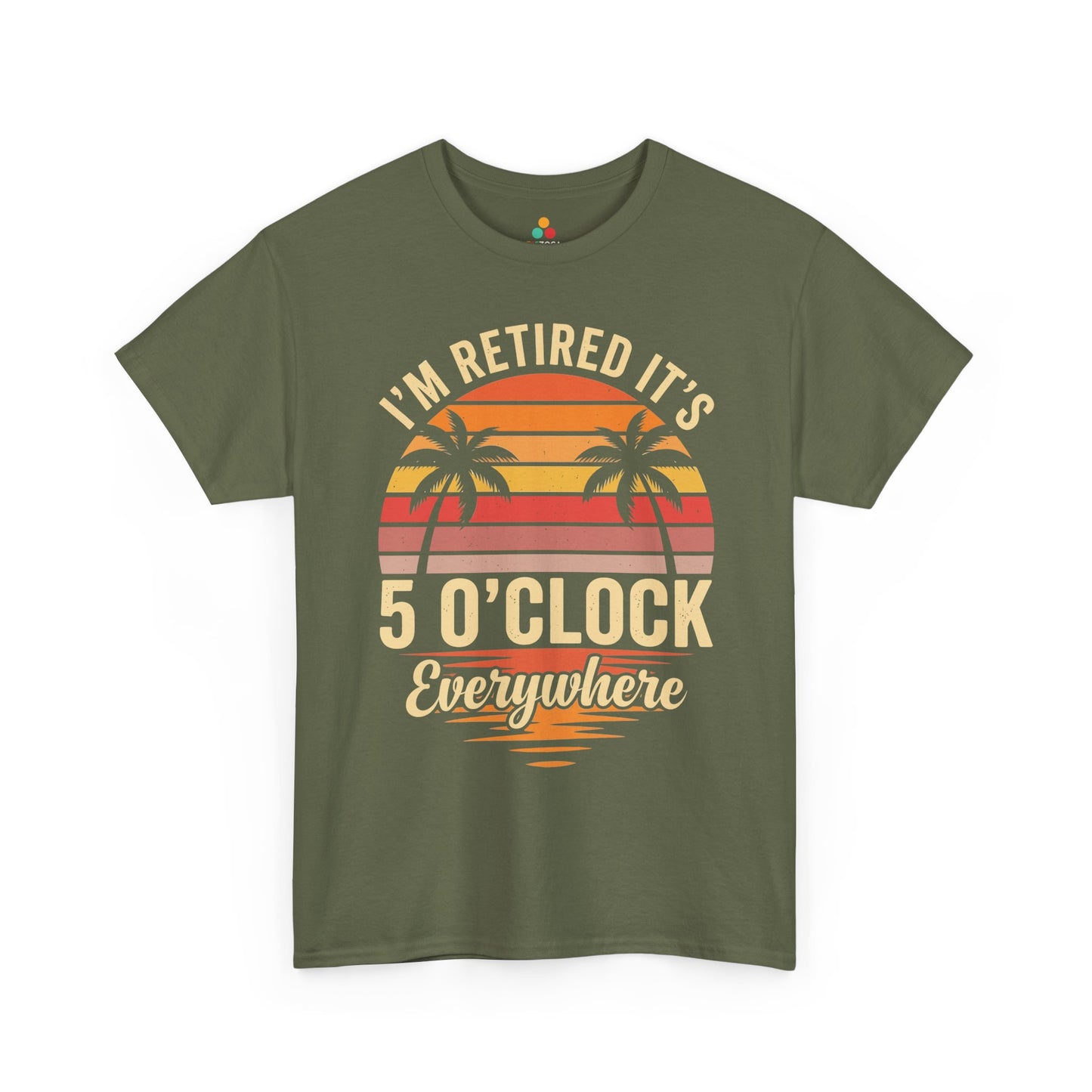 TEEZOCA Unisex T-shirt for retirement gifts for him with vintage sunset stripes, palm trees, and happy hour retirement humor.

