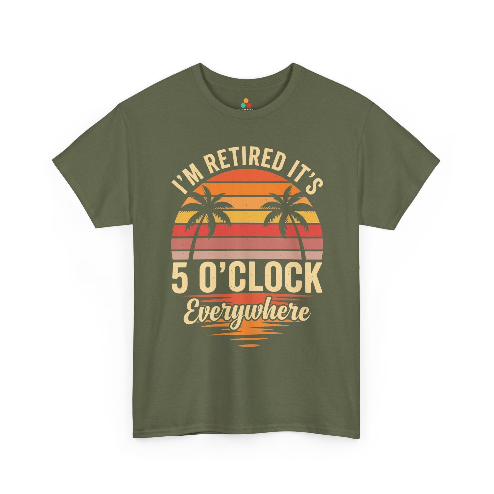 TEEZOCA Unisex T-shirt for retirement gifts for him with vintage sunset stripes, palm trees, and happy hour retirement humor.
