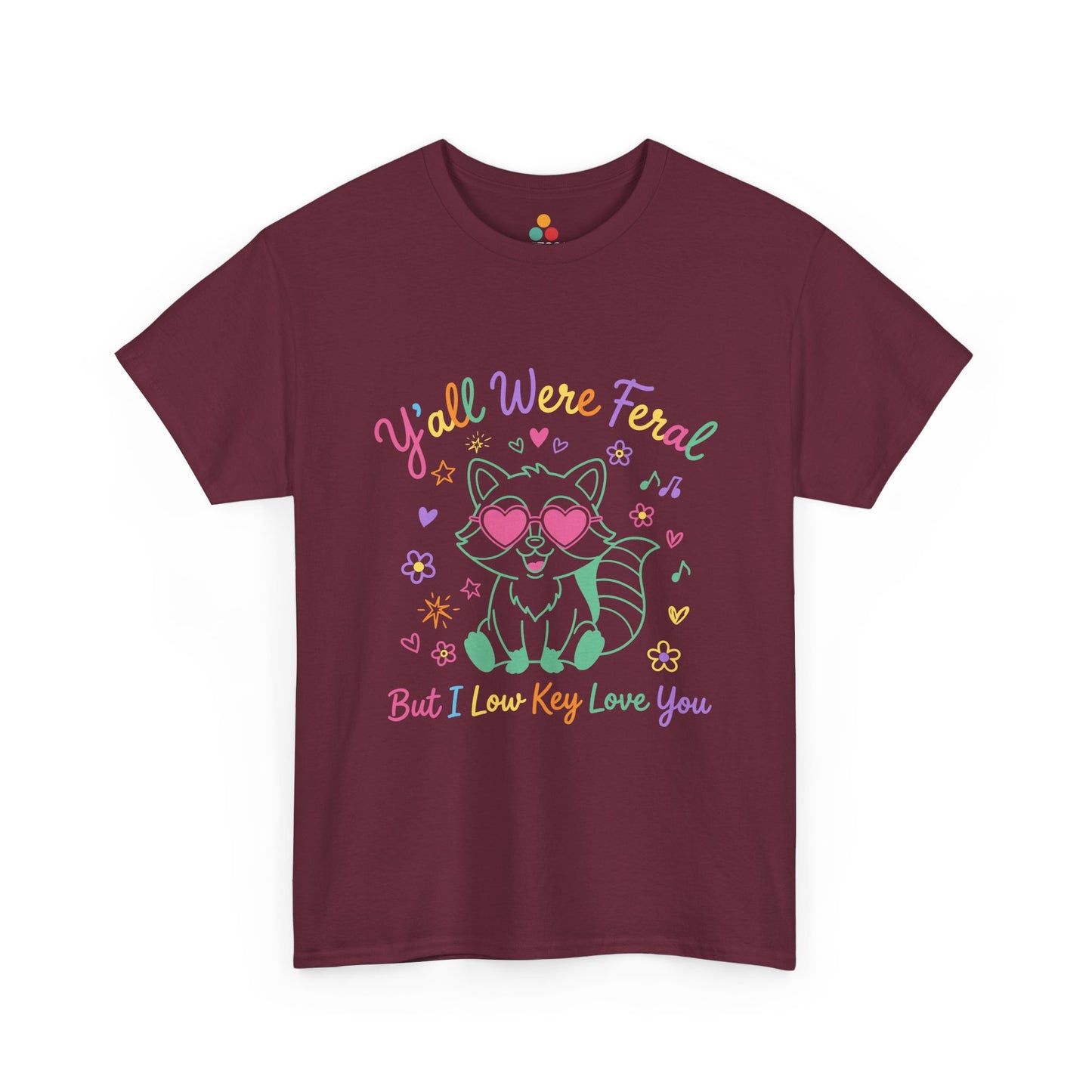TEEZOCA Unisex T-shirt made as a funny teacher gift with neon raccoon tee style and heart sunglasses.
