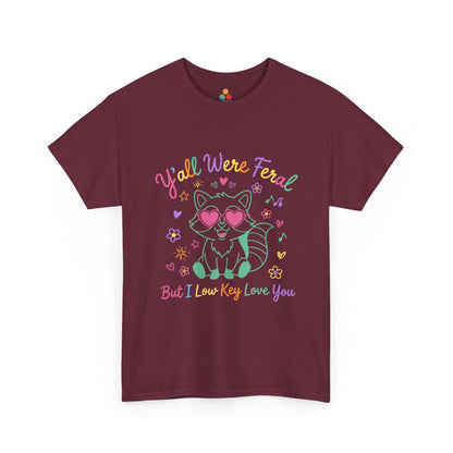 TEEZOCA Unisex T-shirt made as a funny teacher gift with neon raccoon tee style and heart sunglasses.
