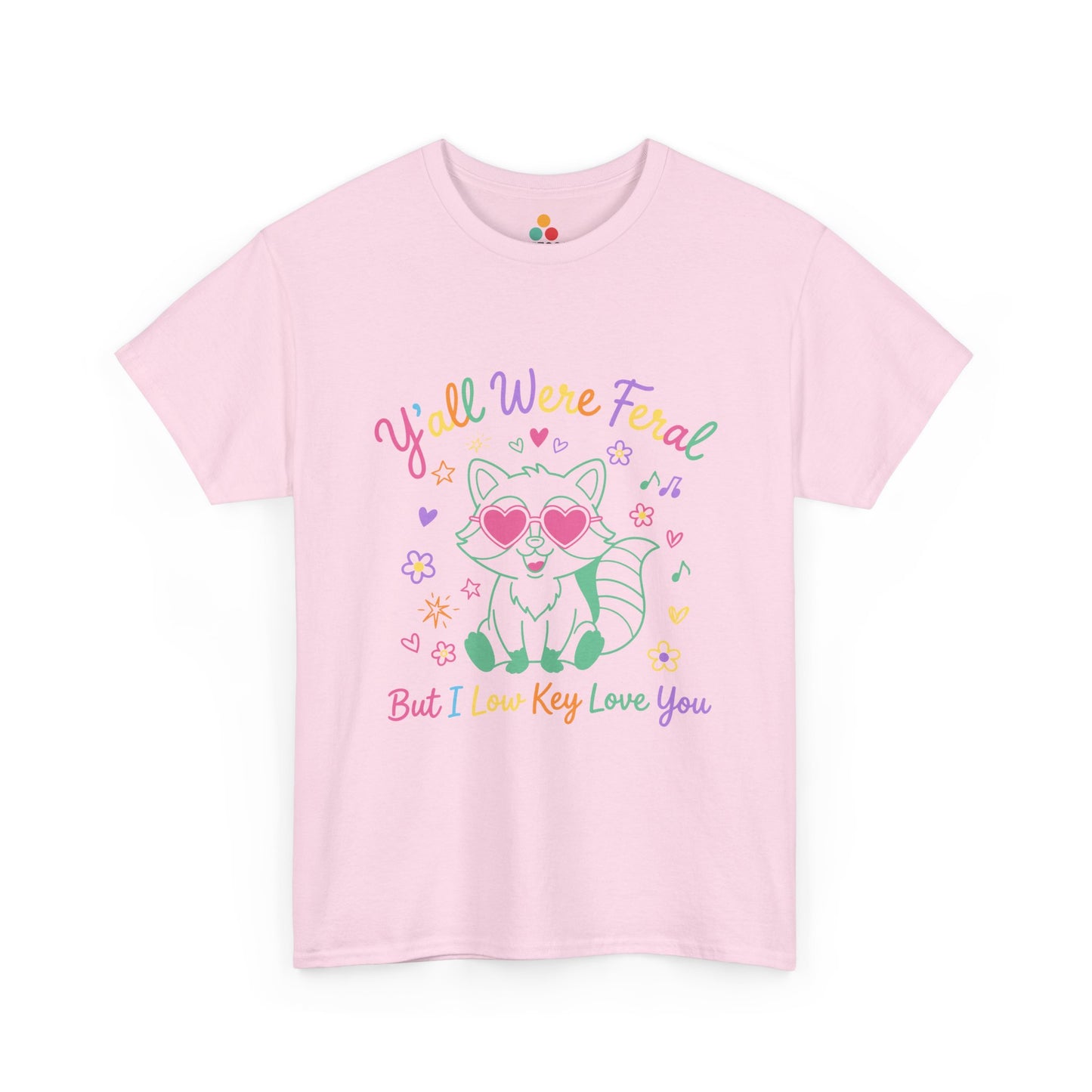 TEEZOCA Unisex T-shirt made as a funny teacher gift with neon raccoon tee style and heart sunglasses.
