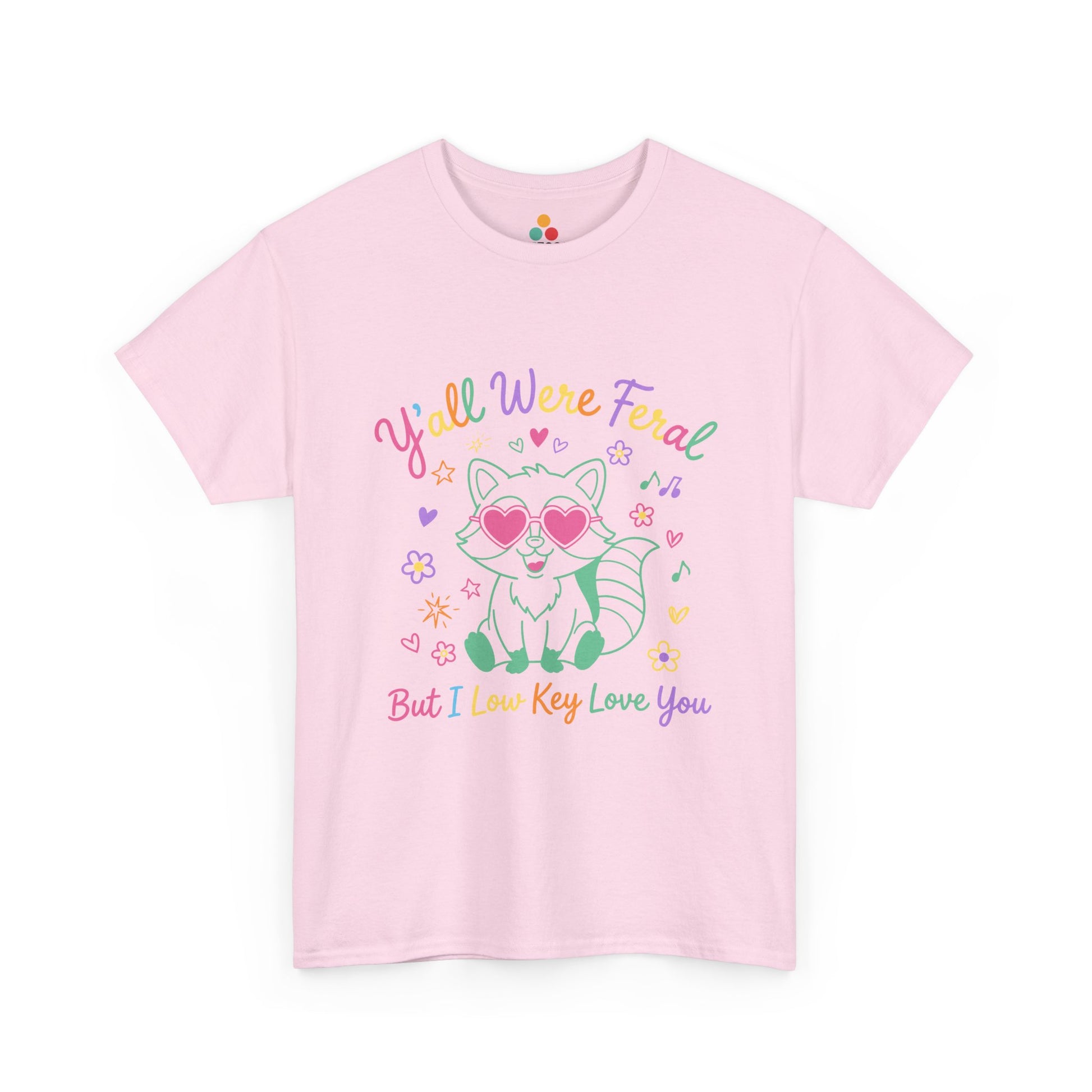 TEEZOCA Unisex T-shirt made as a funny teacher gift with neon raccoon tee style and heart sunglasses.
