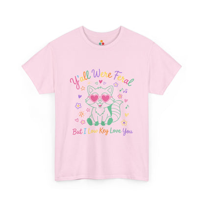 TEEZOCA Unisex T-shirt made as a funny teacher gift with neon raccoon tee style and heart sunglasses.
