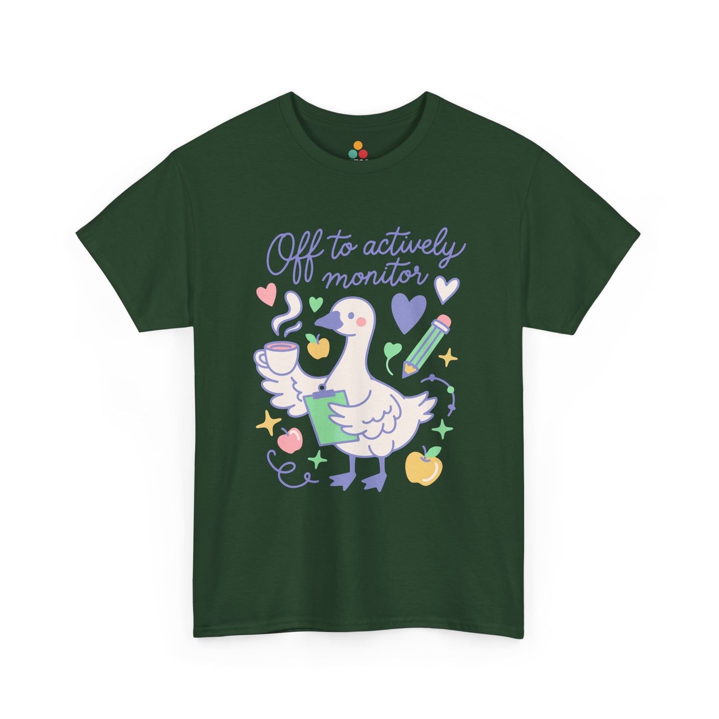 TEEZOCA Unisex T-shirt made as a funny teacher shirt with pastel school icons, apples, pencils, books, and a goose design.
