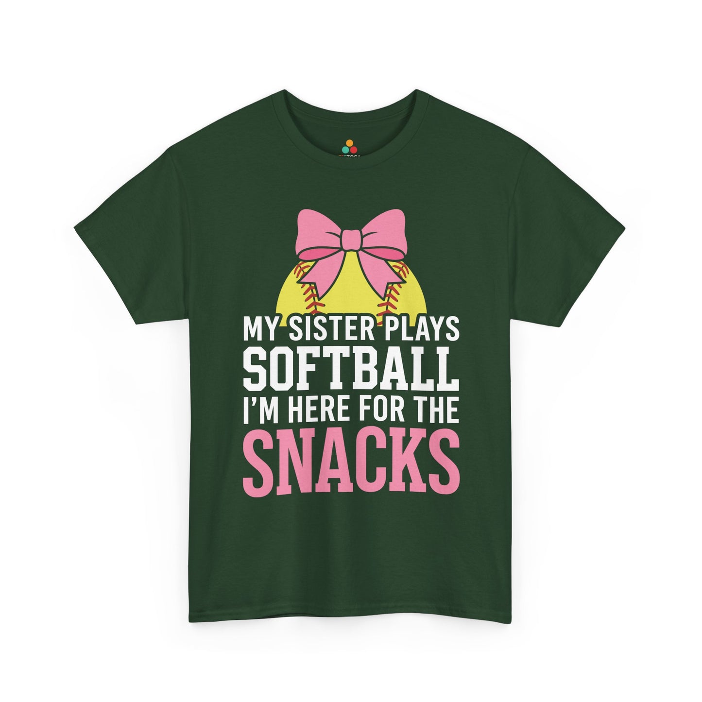 TEEZOCA Unisex T-shirt made as a little sister softball shirt with My Sister Plays Softball text and snack-bar humor.
