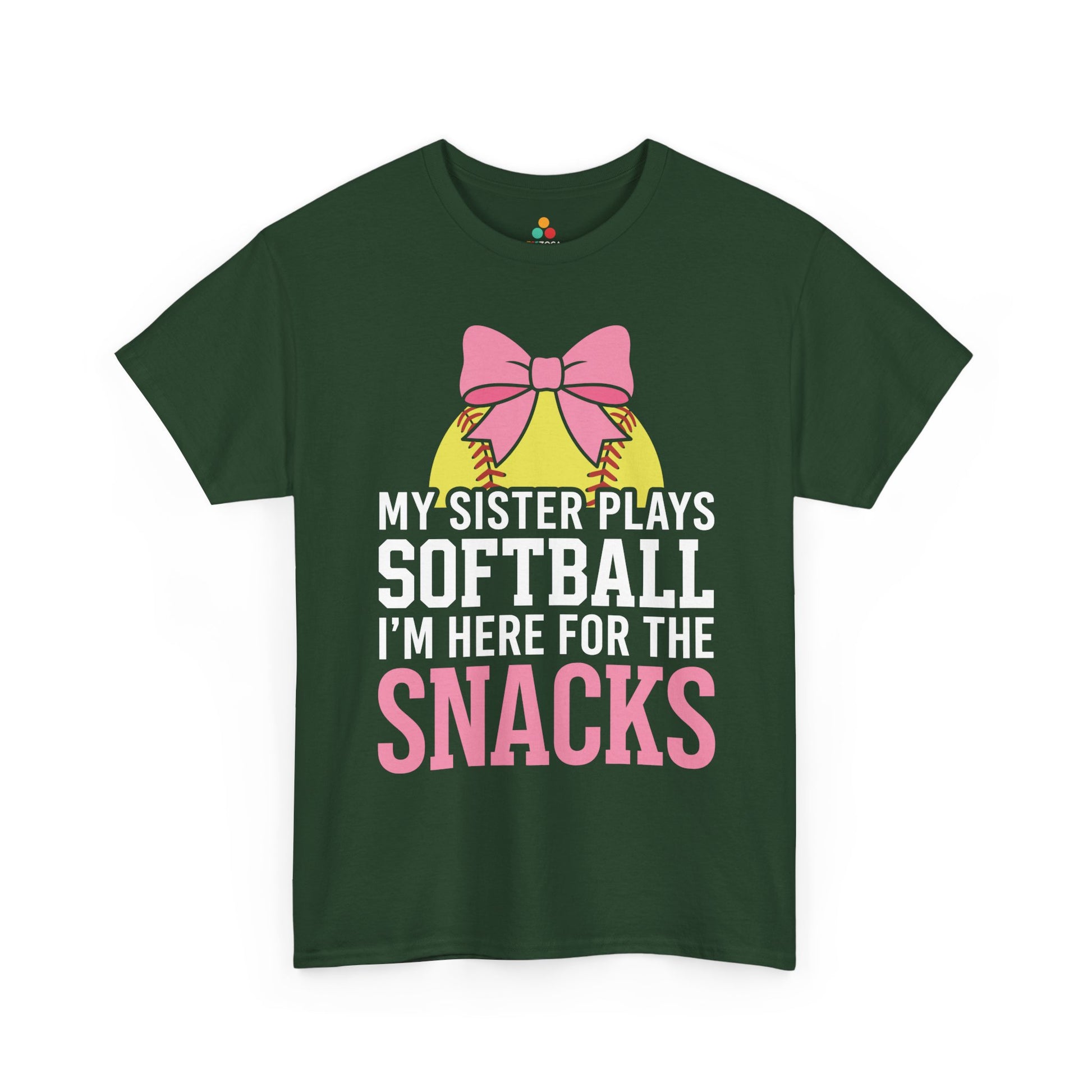 TEEZOCA Unisex T-shirt made as a little sister softball shirt with My Sister Plays Softball text and snack-bar humor.
