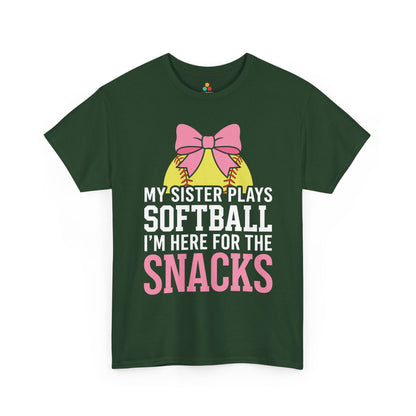 TEEZOCA Unisex T-shirt made as a little sister softball shirt with My Sister Plays Softball text and snack-bar humor.
