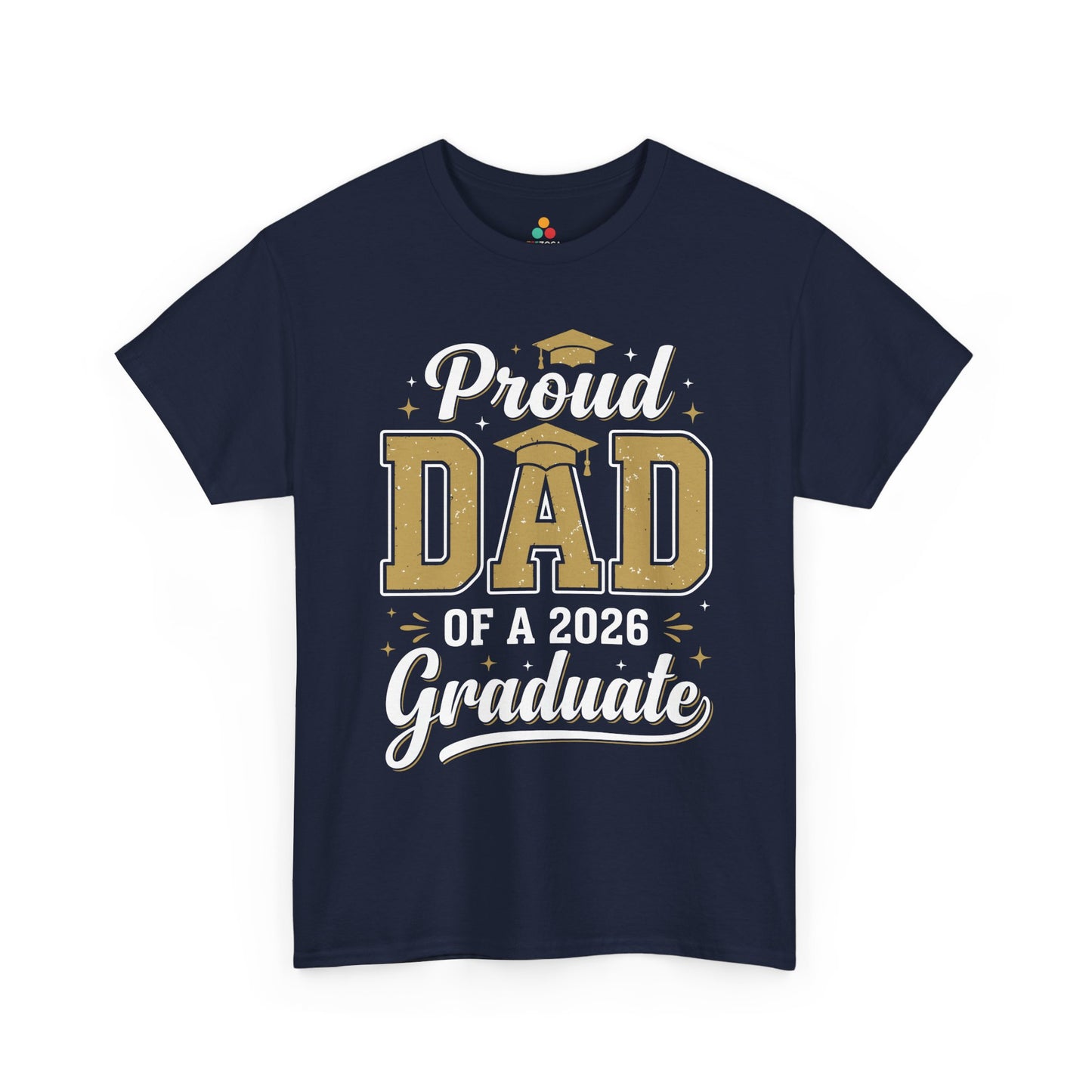 TEEZOCA Unisex T-shirt made as a proud dad graduation shirt with elegant script, stars, and family graduation pride.

