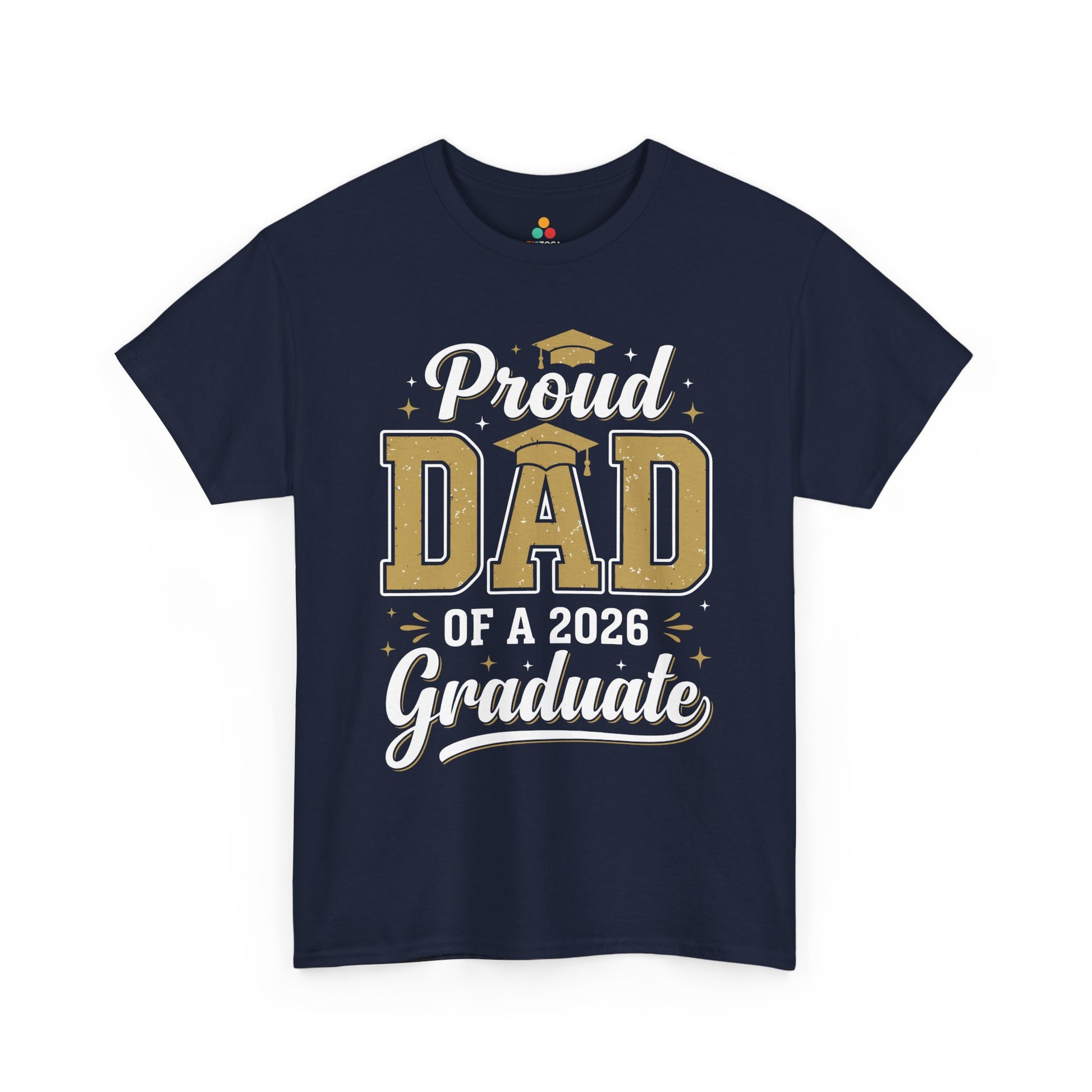 TEEZOCA Unisex T-shirt made as a proud dad graduation shirt with elegant script, stars, and family graduation pride.
