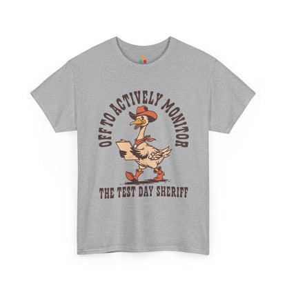 TEEZOCA Unisex T-shirt made as a test day teacher shirt with cowboy hat goose artwork and testing season humor.
