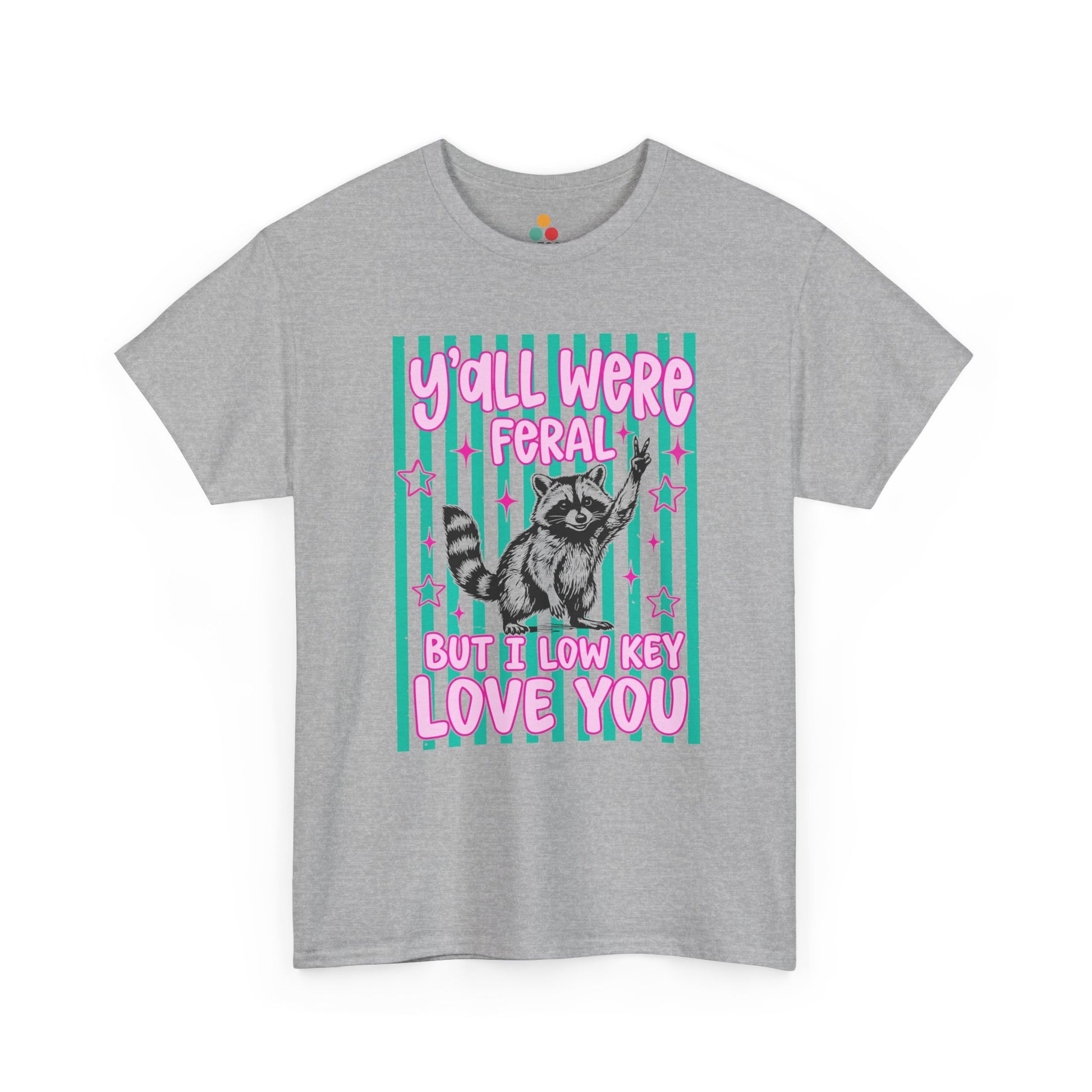 TEEZOCA Unisex T-shirt made as an end of year teacher shirt with a funny raccoon, teal background, and pink lettering.
